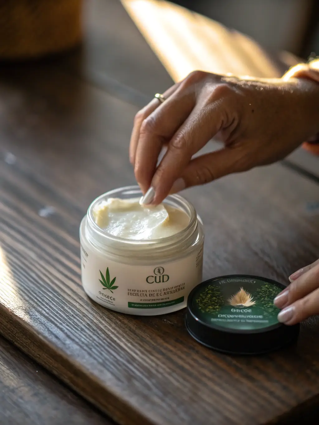A sleek, white jar of CBD Muscle Rub with a black lid, featuring a label that highlights its 500mg CBD content, emphasizing the product's natural ingredients and its soothing properties for muscle relief.
