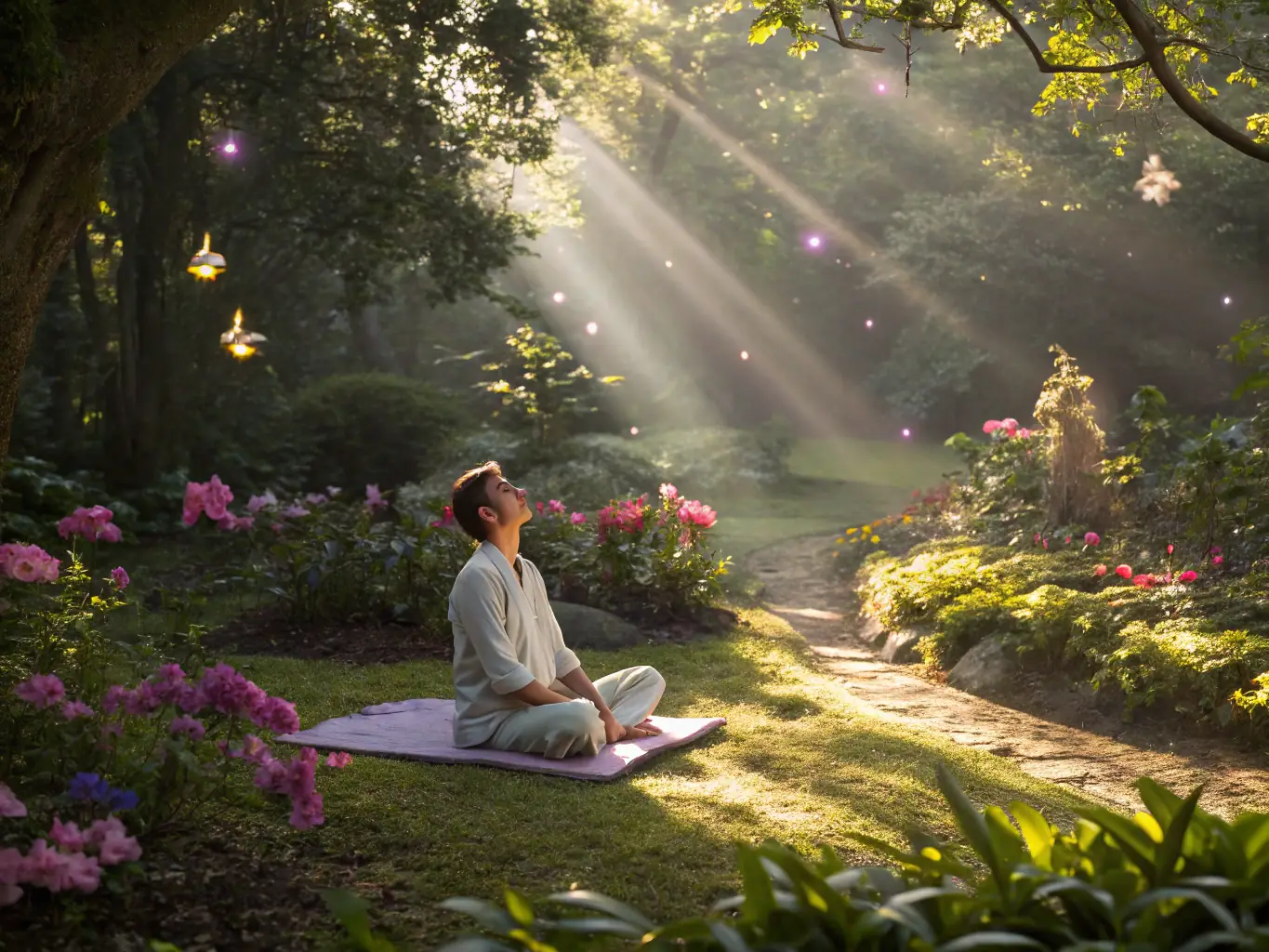 A person meditating peacefully in a serene environment, surrounded by calming colors and soft lighting, representing the relaxation benefits of Sirona CBD products.