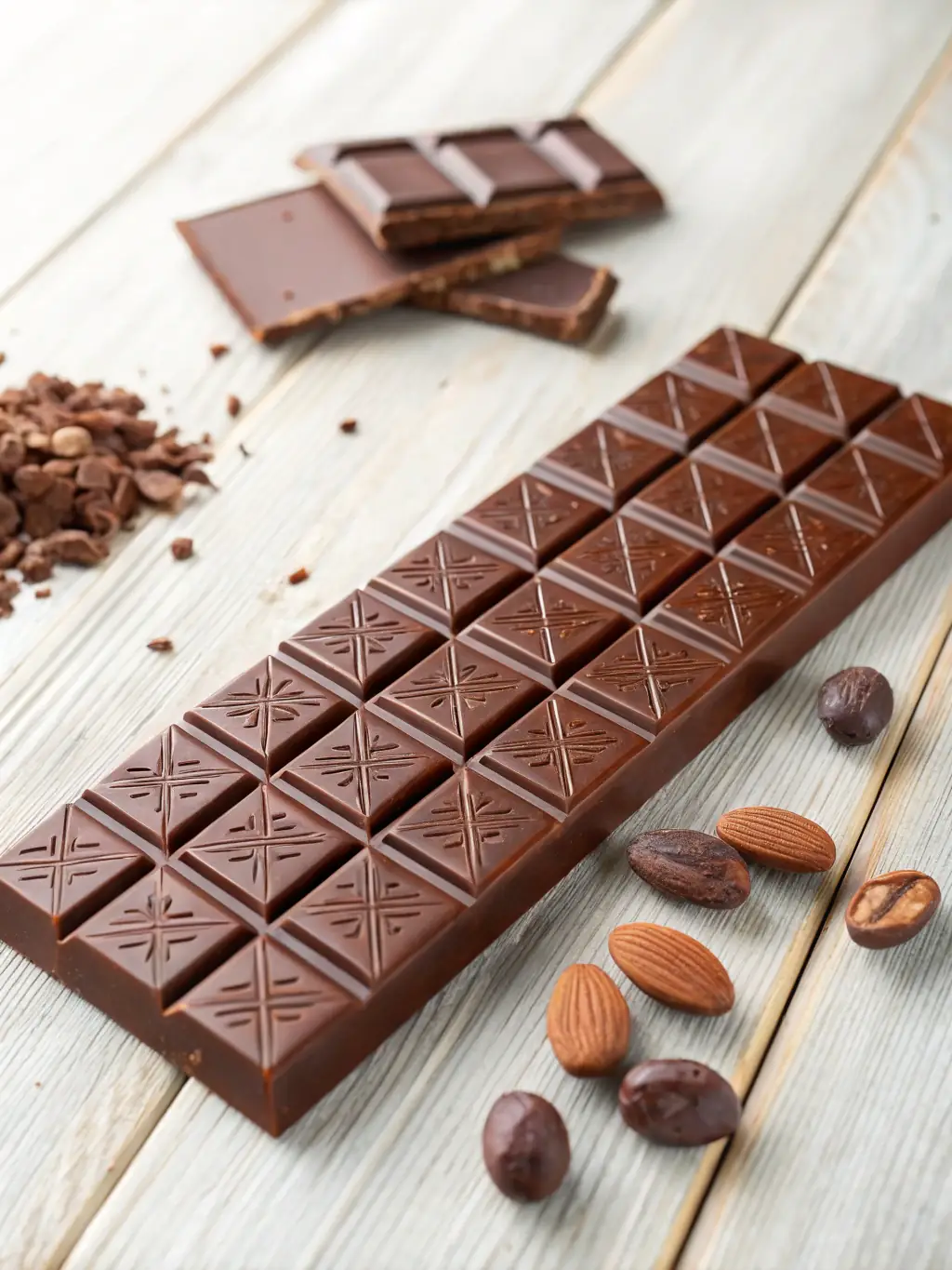 A luxurious dark chocolate bar, segmented into squares, with a smooth and glossy surface, showcasing the rich cocoa color and the subtle sheen that indicates its premium quality, representing the CBD Chocolate Bars 100mg.